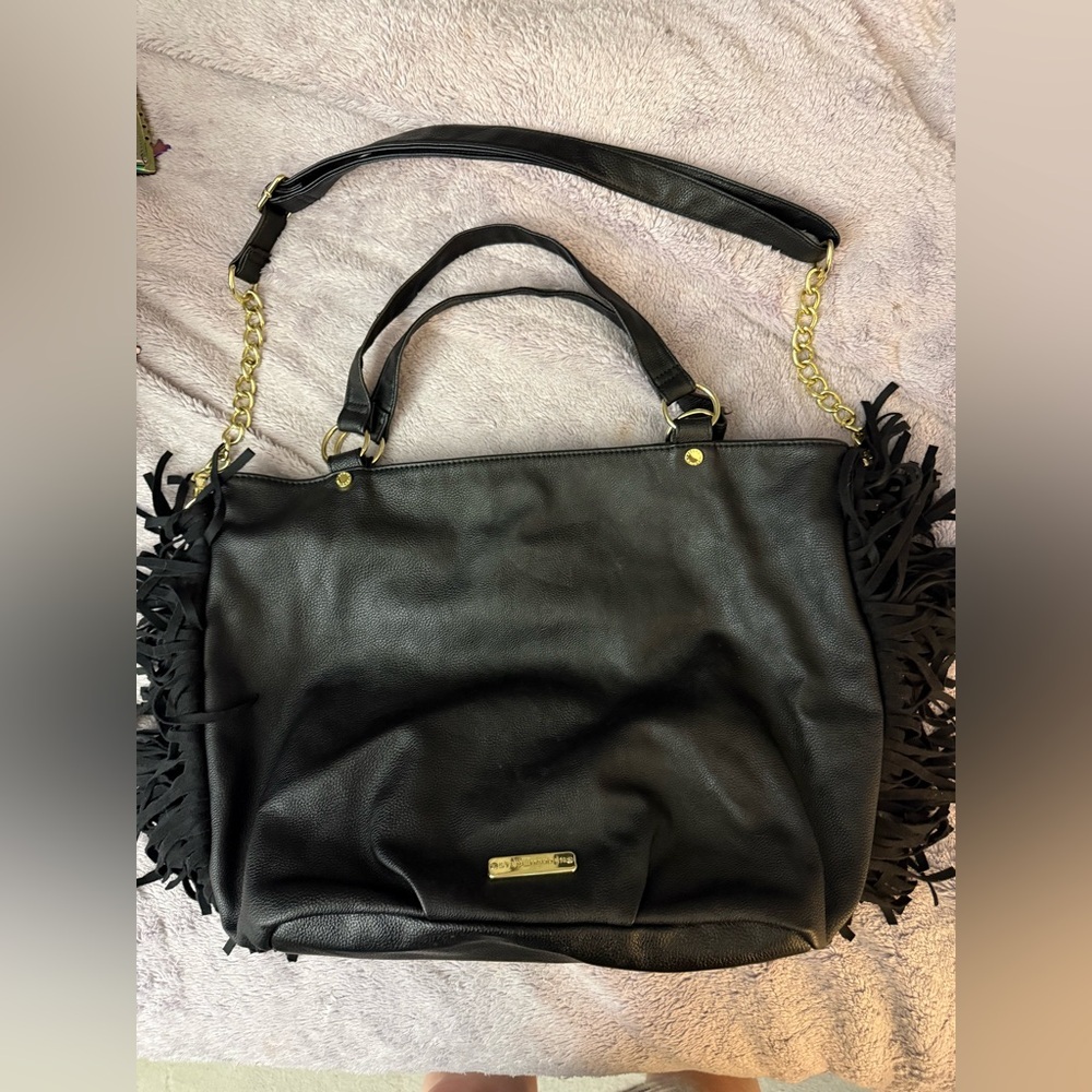 Steve Madden Black Pebbled Faux Leather Fringe Totebag